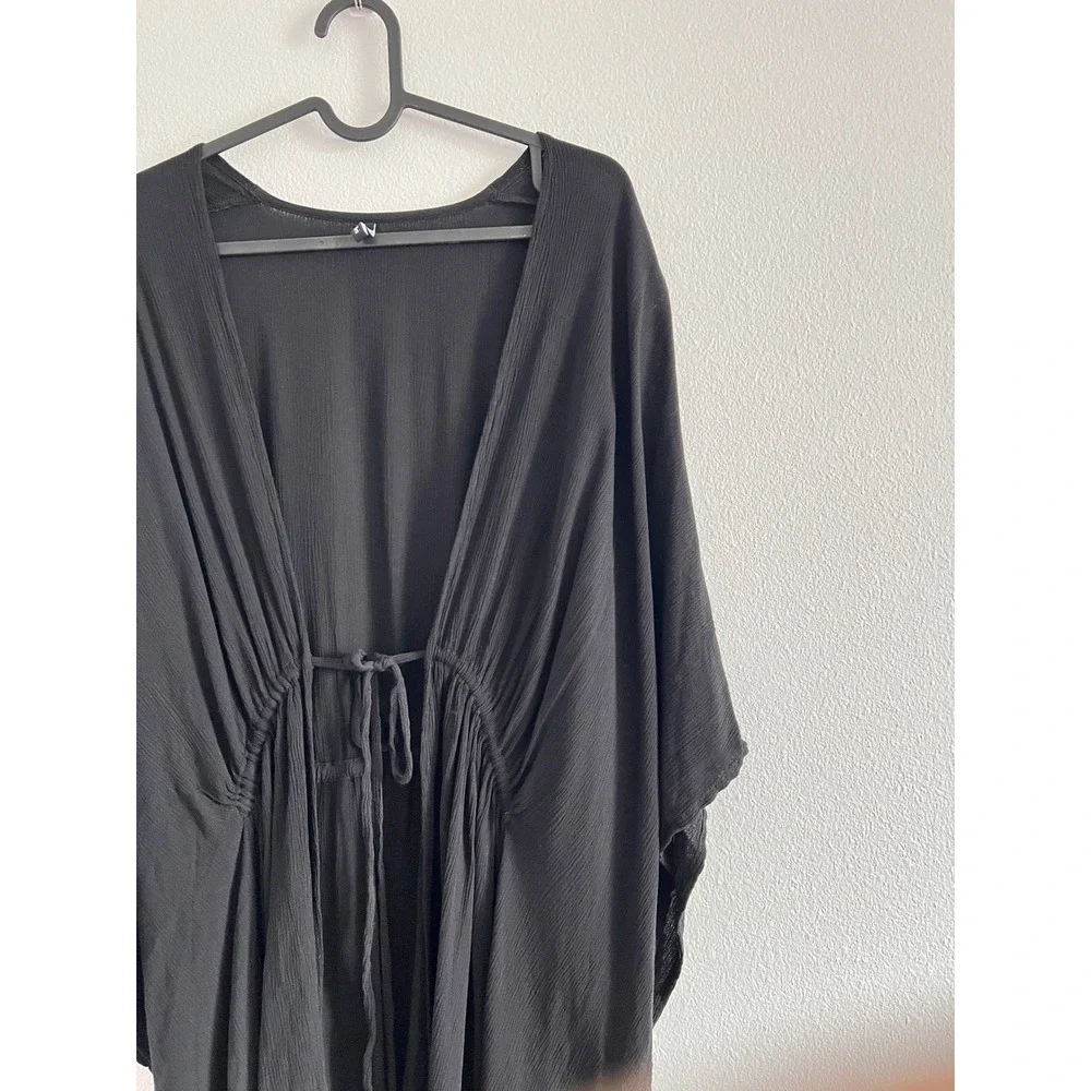 BCBG Paris Black Tassel Gauze Rayon Kimono Swim Cover Up 2/3XL Boho